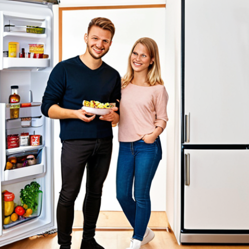 Home 11 **Prompt:** A modern, bright apartment kitchen in Germany. A young couple is smiling, standing next to a sleek, rented refrigerator. Focus on the clean design and the feeling of flexibility and financial ease. The scene embodies "mieten statt kaufen" (rent instead of buy).