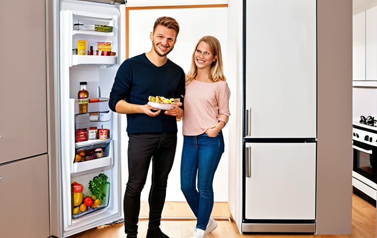 **Prompt:** A modern, bright apartment kitchen in Germany. A young couple is smiling, standing next to a sleek, rented refrigerator. Focus on the clean design and the feeling of flexibility and financial ease. The scene embodies "mieten statt kaufen" (rent instead of buy).
