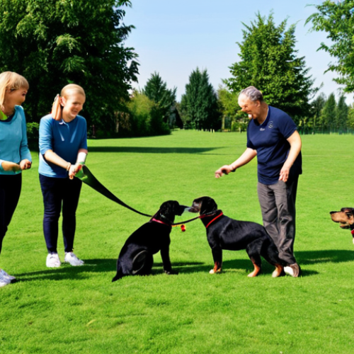 Home 6 A vibrant outdoor puppy training class in Germany. A diverse group of healthy puppies of various breeds are gently playing and sniffing each other, supervised by their adult human owners. The owners are fully clothed in modest, comfortable, and appropriate casual attire, demonstrating basic commands like 'sit' and 'stay' using positive reinforcement. The setting is a sunny, well-maintained dog park with lush green grass and natural lighting, conveying a happy and educational atmosphere. Perfect anatomy, correct proportions, natural pose, well-formed hands, proper finger count, natural body proportions, professional photography, high quality, safe for work, appropriate content, fully clothed, family-friendly.