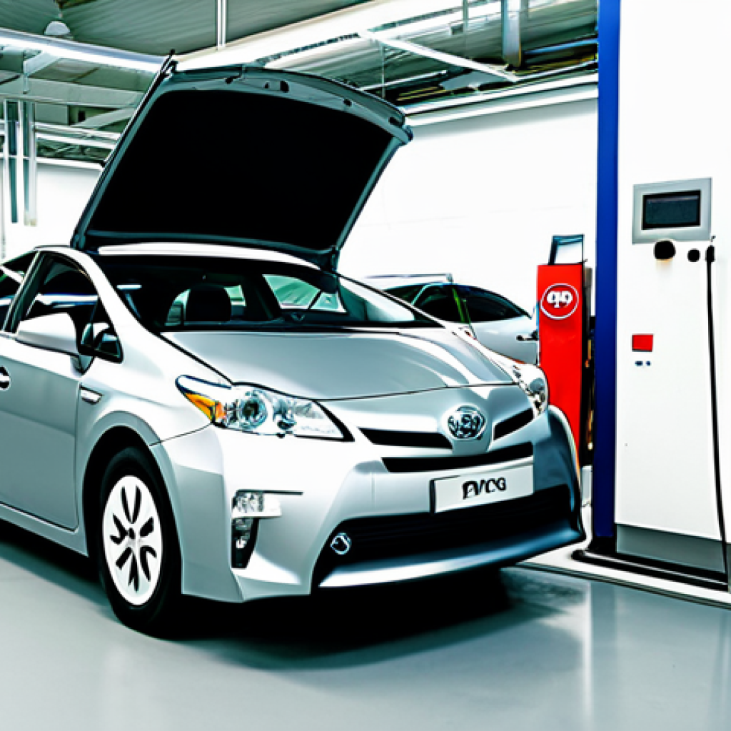 Modern Hybrid Car Service Bay**

"A bright, clean, and modern car service bay specializing in hybrid vehicles, featuring mechanics in professional attire working on a Toyota Prius. Visible are diagnostic equipment, battery testing tools, and a poster showcasing the benefits of regenerative braking. The scene emphasizes technological advancement and environmental consciousness. Safe for work, appropriate content, fully clothed, professional, well-lit, high-resolution."

**