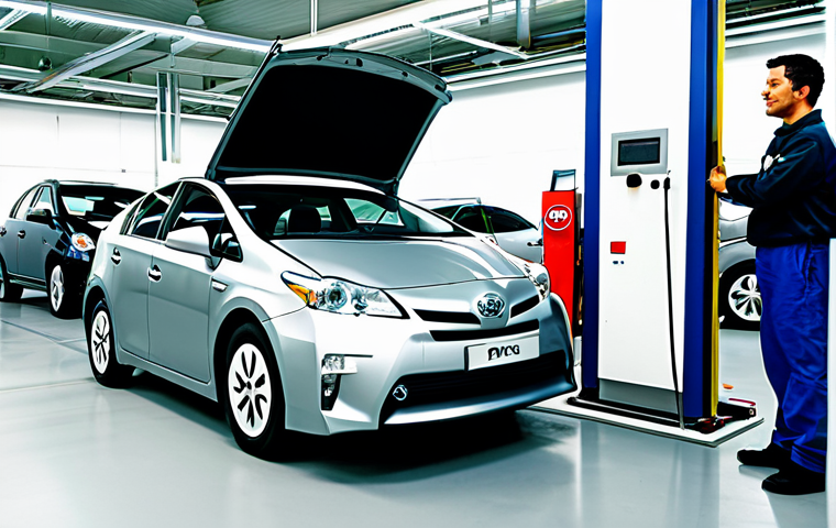 Modern Hybrid Car Service Bay**
"A bright, clean, and modern car service bay specializing in hybrid vehicles, featuring mechanics in professional attire working on a Toyota Prius. Visible are diagnostic equipment, battery testing tools, and a poster showcasing the benefits of regenerative braking. The scene emphasizes technological advancement and environmental consciousness. Safe for work, appropriate content, fully clothed, professional, well-lit, high-resolution."
**