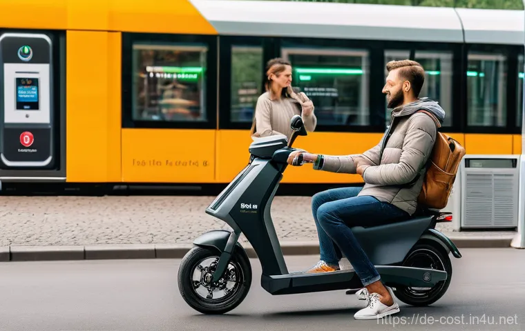 교통비 절약법 - A vibrant German city scene at golden hour, showcasing various smart and cost-effective mobility sol...