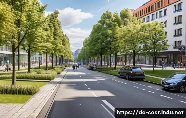 월세 비용 - A detailed urban scene contrasting a bustling German city center and a quieter suburban area: on the...