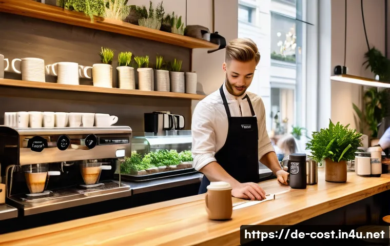 단기 알바 시급 - A bustling German café scene in Berlin featuring a young barista wearing a neat apron and comfortabl...