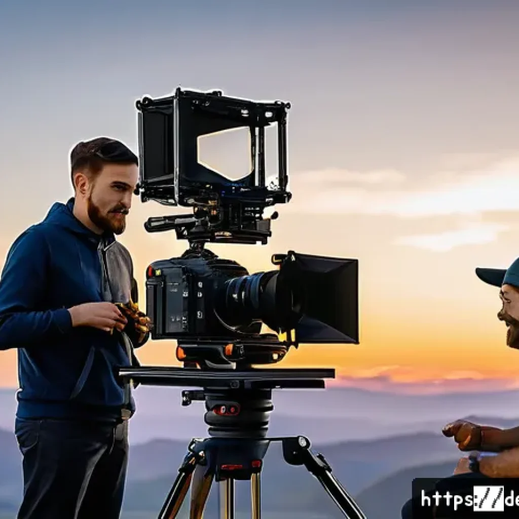 방송장비 렌탈비 - A professional film set showcasing modular broadcast equipment rental: a compact 4K mirrorless camer...