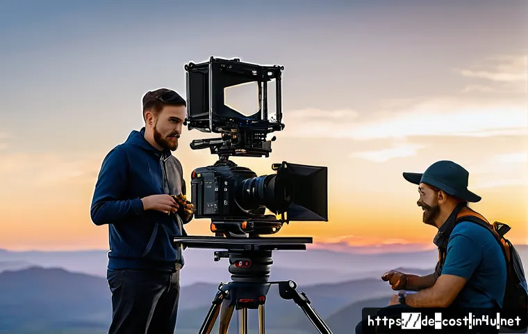 방송장비 렌탈비 - A professional film set showcasing modular broadcast equipment rental: a compact 4K mirrorless camer...