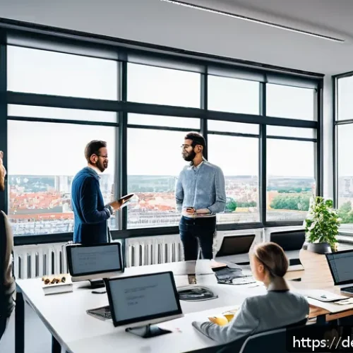 앱 개발 비용 - A modern office environment in Berlin with a diverse team of software developers and project manager...