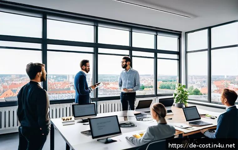 앱 개발 비용 - A modern office environment in Berlin with a diverse team of software developers and project manager...
