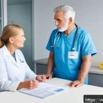 병원 진료비용 - A detailed hospital billing consultation scene in a modern German hospital setting: a middle-aged pa...