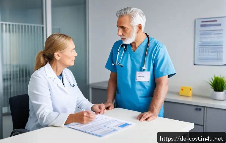 병원 진료비용 - A detailed hospital billing consultation scene in a modern German hospital setting: a middle-aged pa...